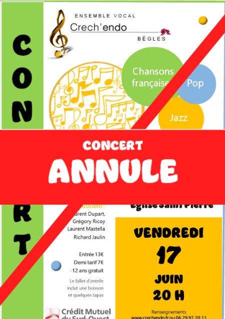 Concert Crech'endo annulé ce 17 juin&nbspEglise Saint Pierre à Bègles